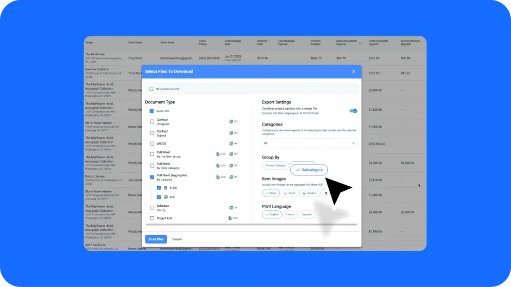 An aggregate pull sheet in Goodshuffle Pro being filtered by subcategory for a warehouse pull