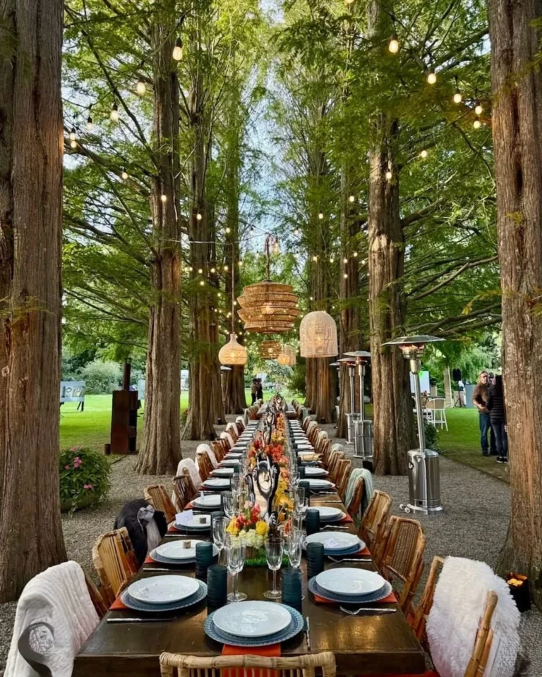 Long banquet table set under towering redwood trees with rattan chandeliers and string lights at an outdoor event