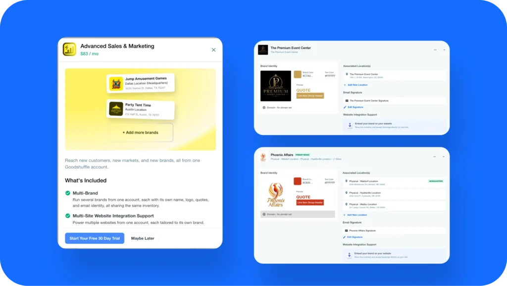 Advanced Sales and Marketing in Goodshuffle Pro with two brands configured, each with its own logo, colors, locations, and email signature