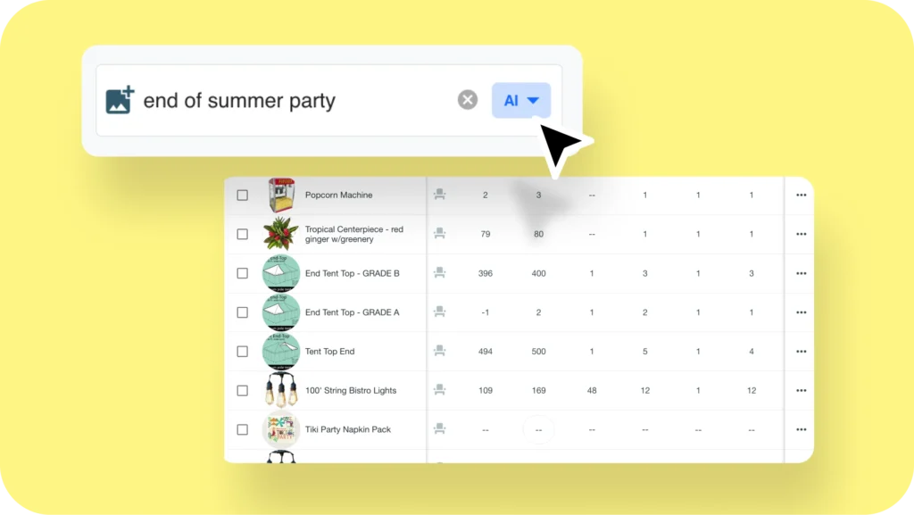 Typing end of summer party into Goodshuffle Pro AI Search and getting matching inventory items returned instantly