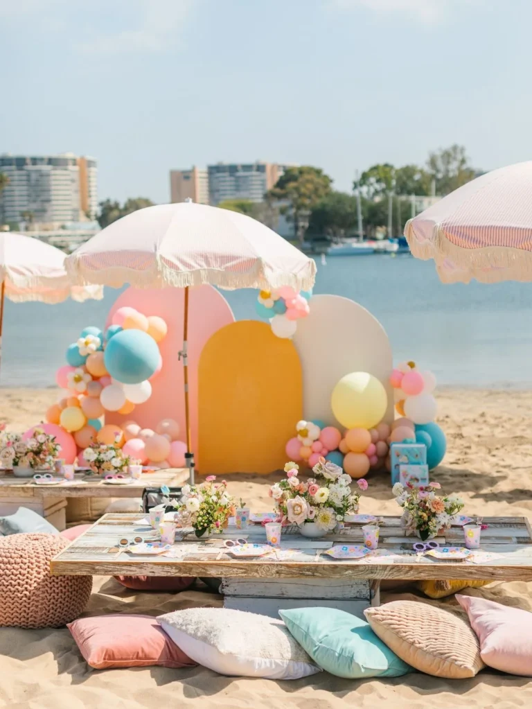 Fiesta de picnic en la playa en tonos pastel, con mesitas bajas de madera, sombrillas con flecos, guirnaldas de globos y cojines en la arena