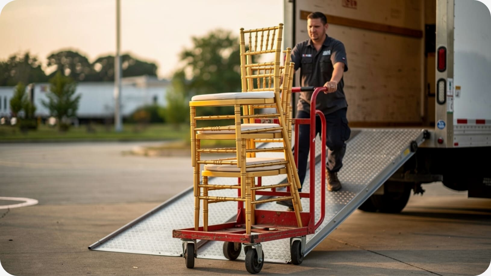 Event rental crew member wheeling a tall stack of nested gold chiavari chairs down a box truck ramp on a chair dolly.
