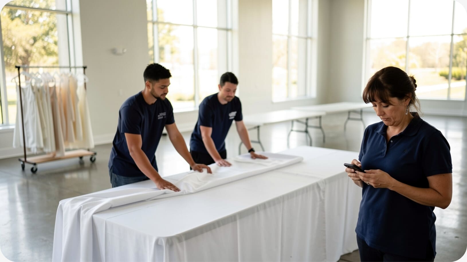 Event rental owner reading a new client inquiry on her phone while two crew members smooth a white linen over a banquet table in a bright, empty event hall.