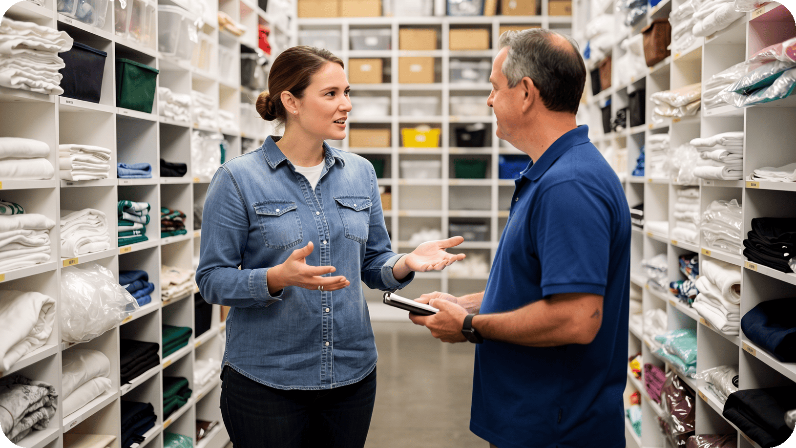 Two event rental teammates talking in a linen storage aisle, one explaining an idea while the other holds a tablet.