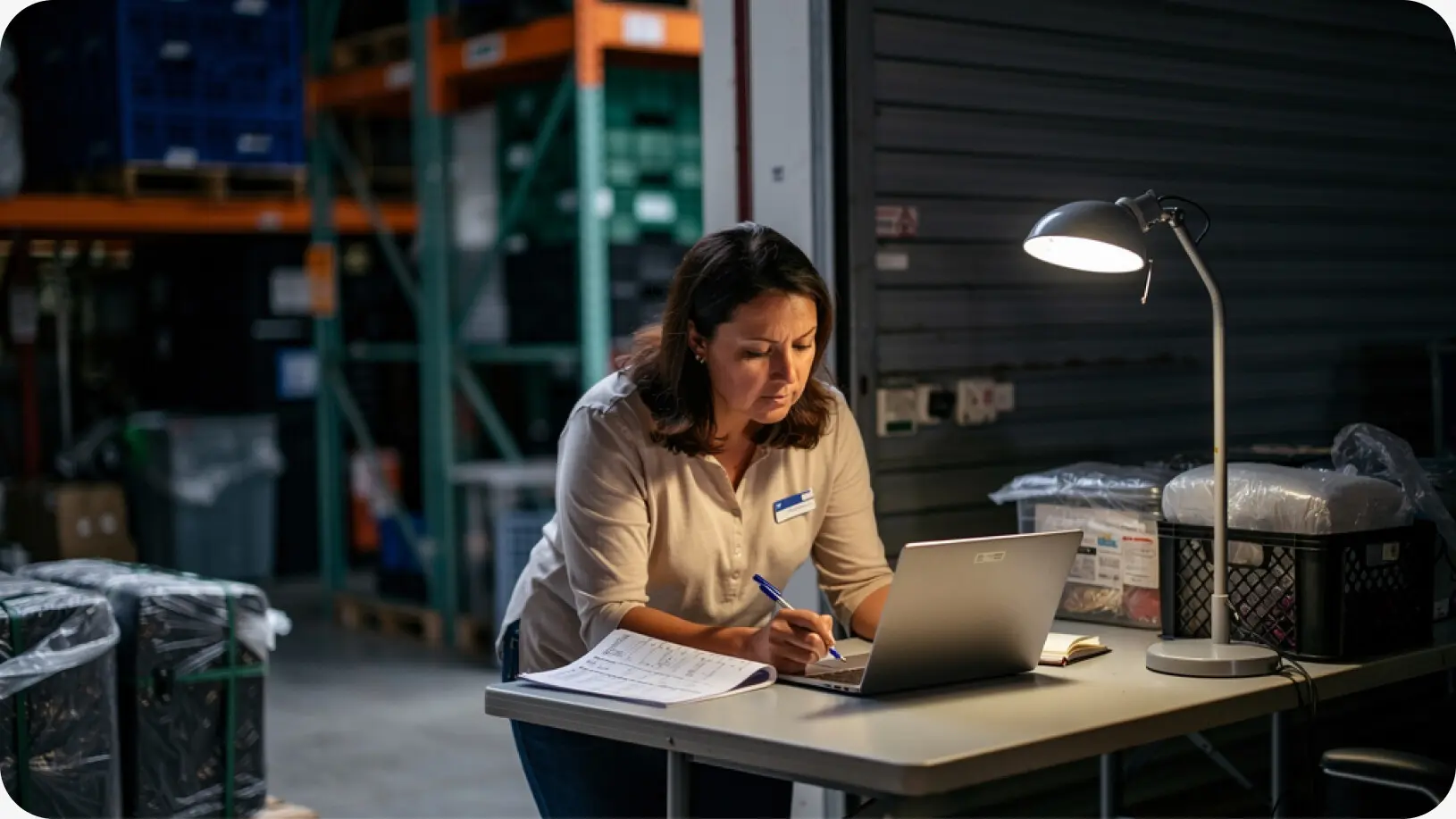 An event rental owner working late at a warehouse desk under a lamp, marking a pull sheet next to her laptop, with pallet racking and wrapped gear behind her.