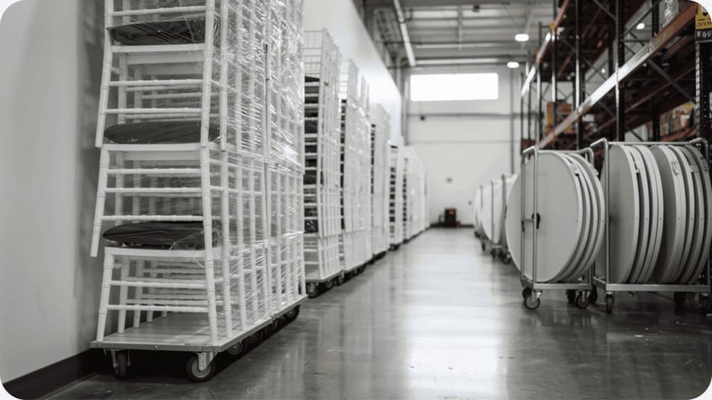 Organized event rental warehouse with wrapped stacks of chiavari chairs on dollies and round tables in rolling table carts.