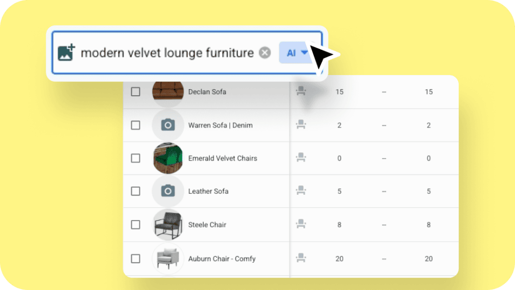 Goodshuffle Pro inventory search in AI mode returning velvet sofas and chairs for "modern velvet lounge furniture"