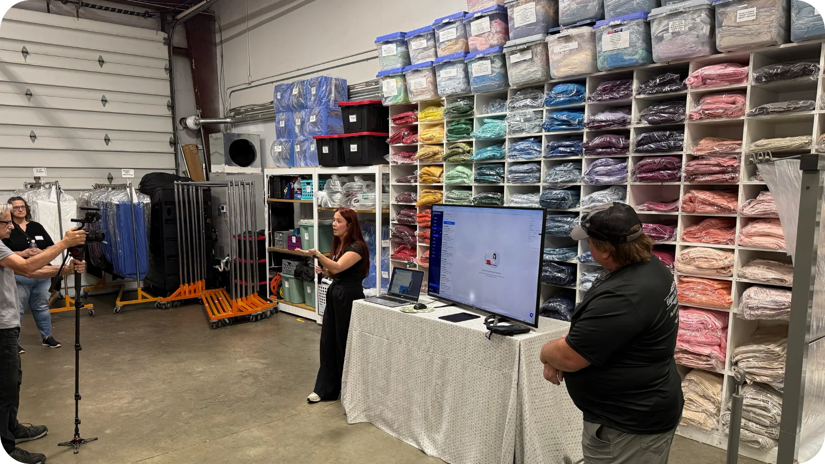 A presenter at a screen during the Waterford Event Rentals warehouse tour, in front of a wall of cubbies holding napkins sorted by color, with labeled bins stacked on top.