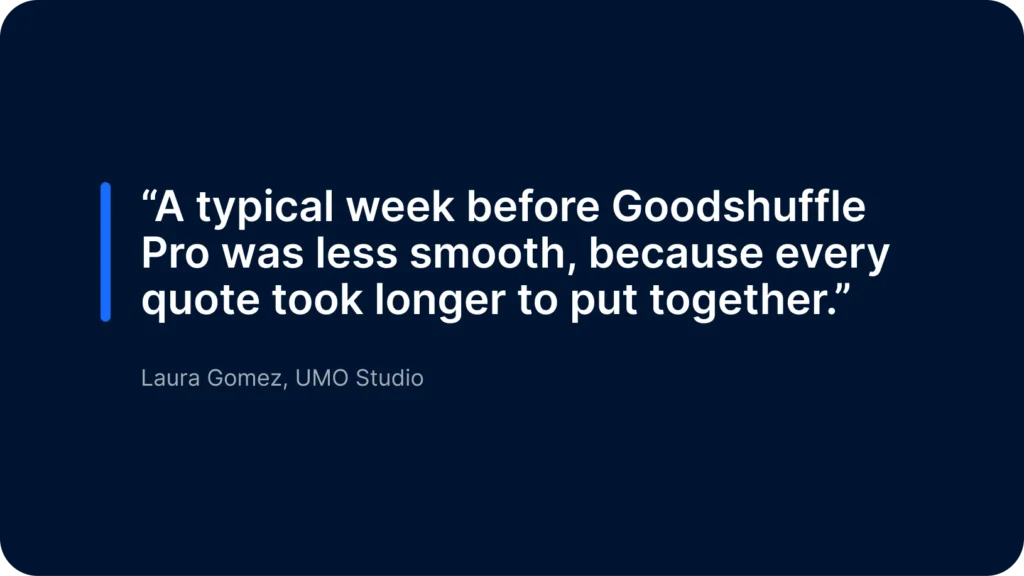 Quote from Laura Gomez of UMO Studio: "A typical week before Goodshuffle Pro was less smooth, because every quote took longer to put together."