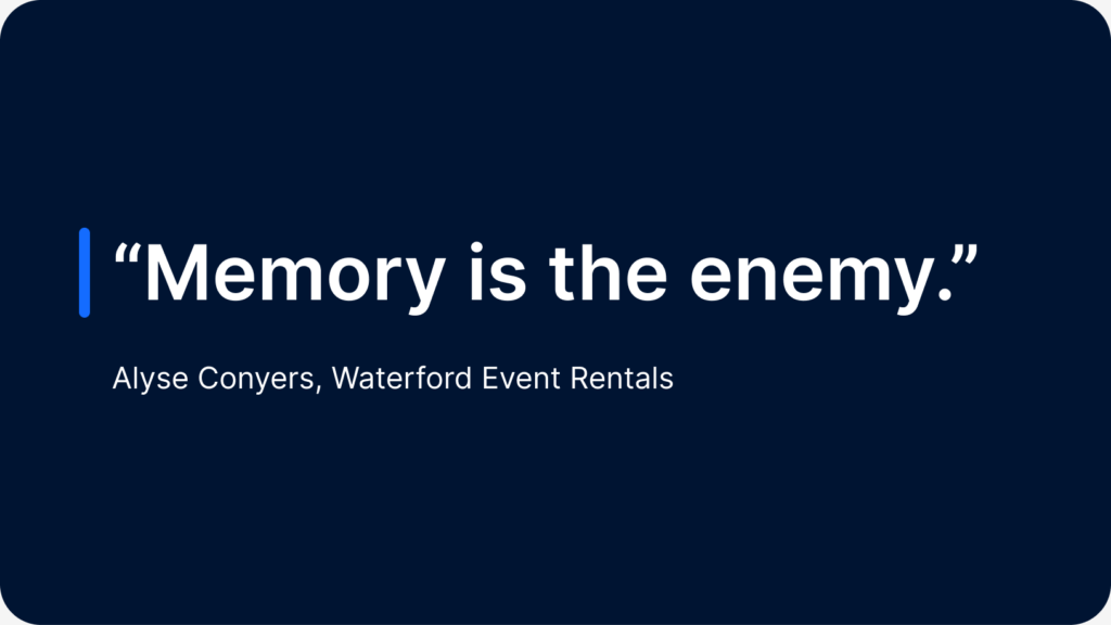 Quote card reading "Memory is the enemy." attributed to Alyse Conyers, Waterford Event Rentals.