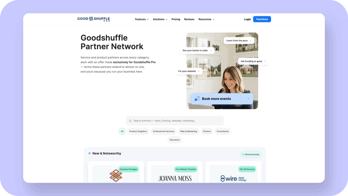 Opening the Partner Network from the Goodshuffle Pro navigation bar and browsing partner categories with their exclusive deals