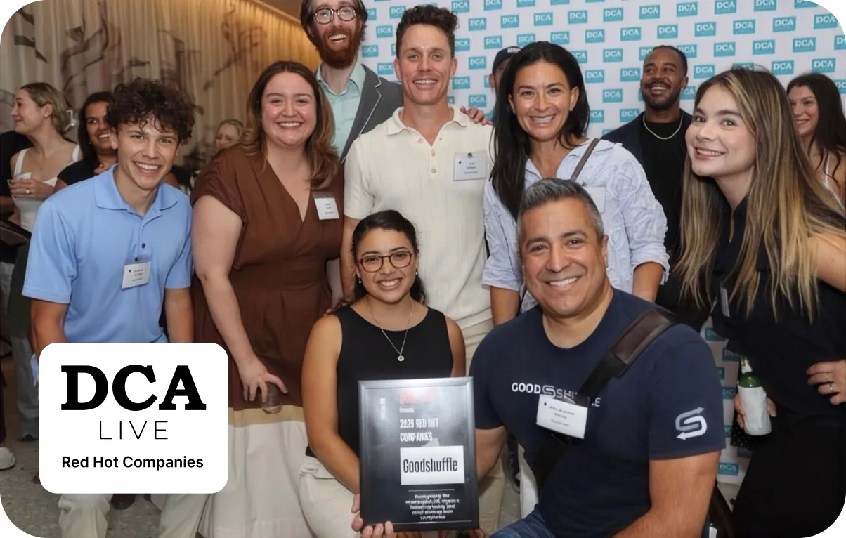 The Goodshuffle team holding their award at the DCA Live Red Hot Companies celebration