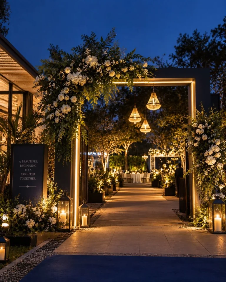 Entrada a un evento nocturno con un marco cuadrado iluminado, bordeado de flores blancas, lámparas colgantes de cristal y farolillos con velas