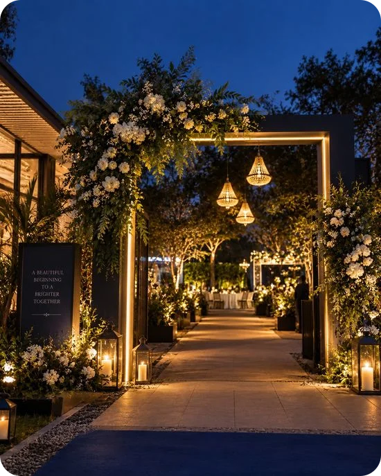 Evening event entrance with a lit square frame edged in white flowers, crystal pendant lights and candle lanterns